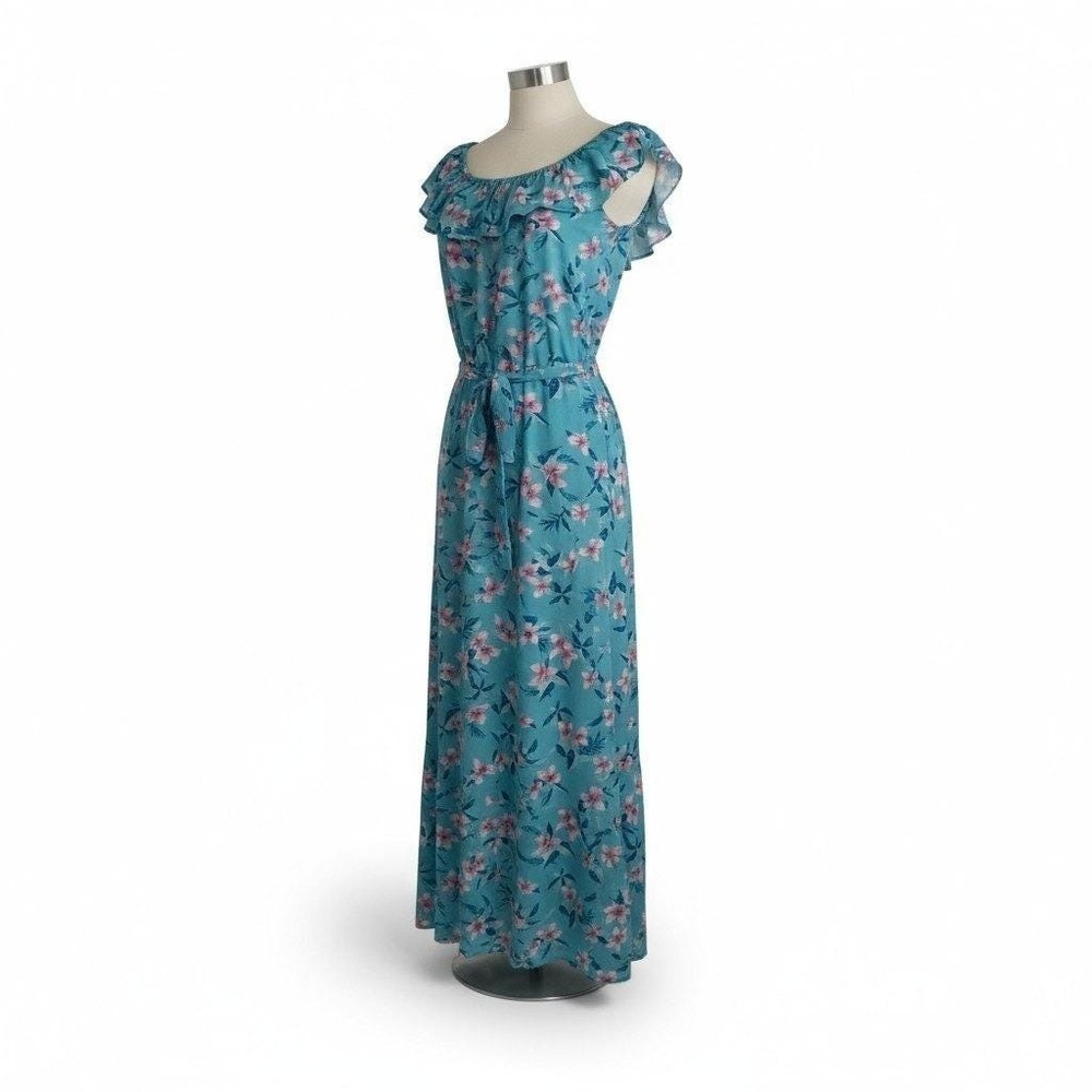 Vintage Hilo Hattie Hawaii Floral Maxi Dress Off Shoulder Ruffle Blue Purple M